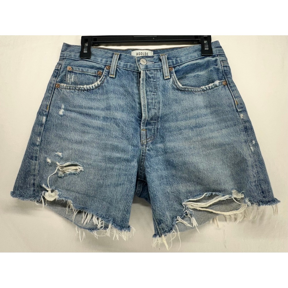 AGOLDE Distressed High Rise Denim Shorts Blue Size 25 Cutoff Button Fly